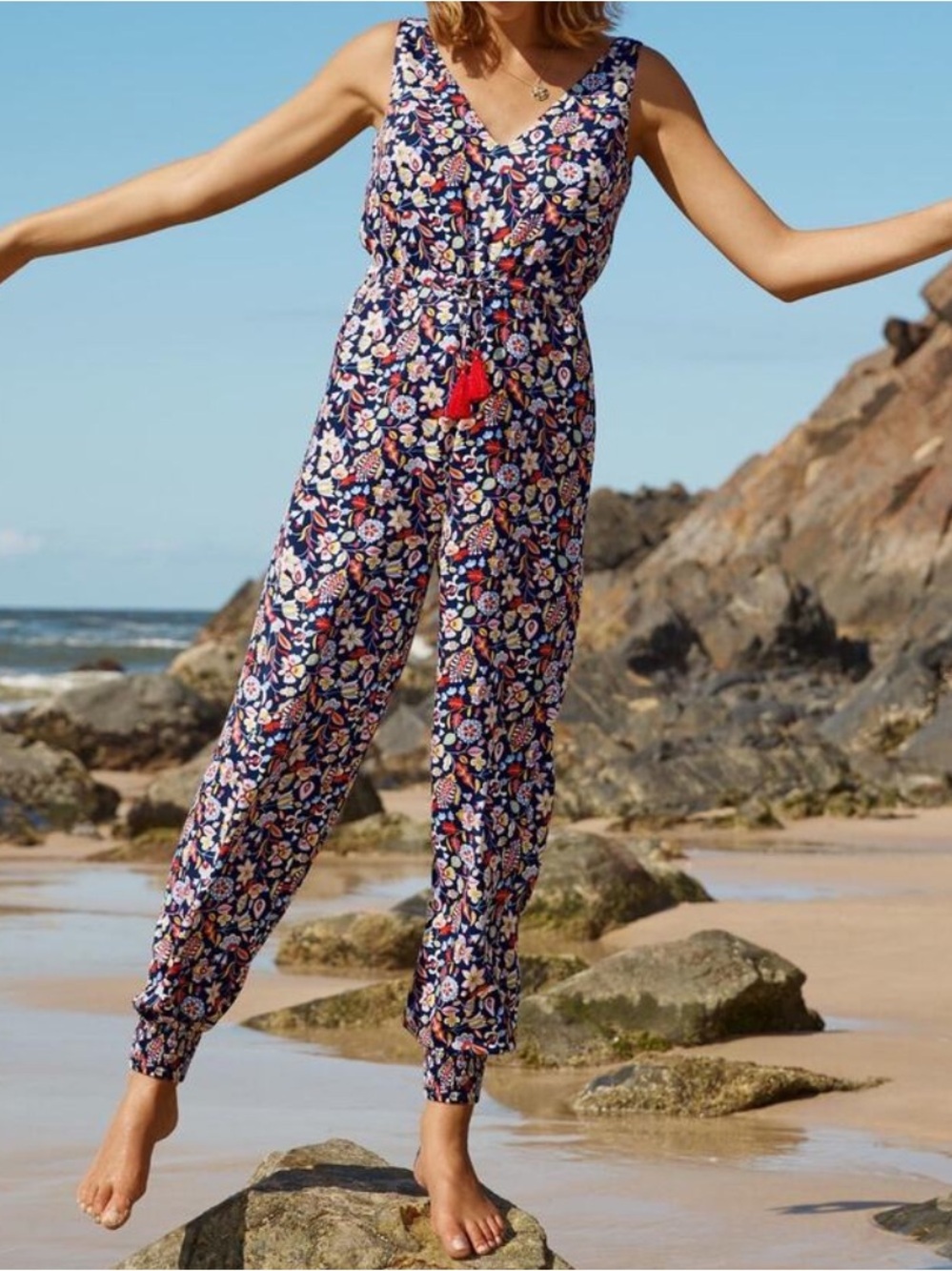 Boden Cecelia Navy Blue Floral Jumper Romper with Red Tassels 6